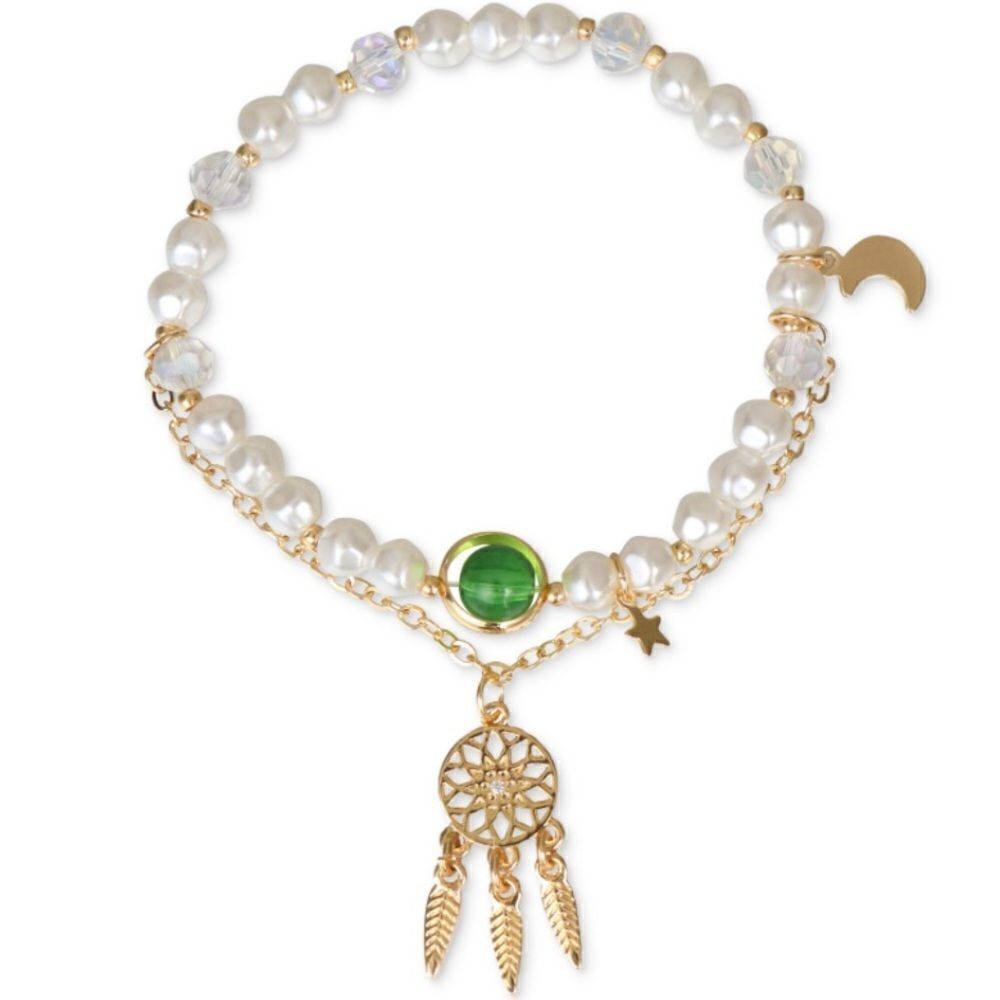 INC Gold-Tone Dreamcatcher Charm Mixed Stone Double-Row Stretch Bracelet